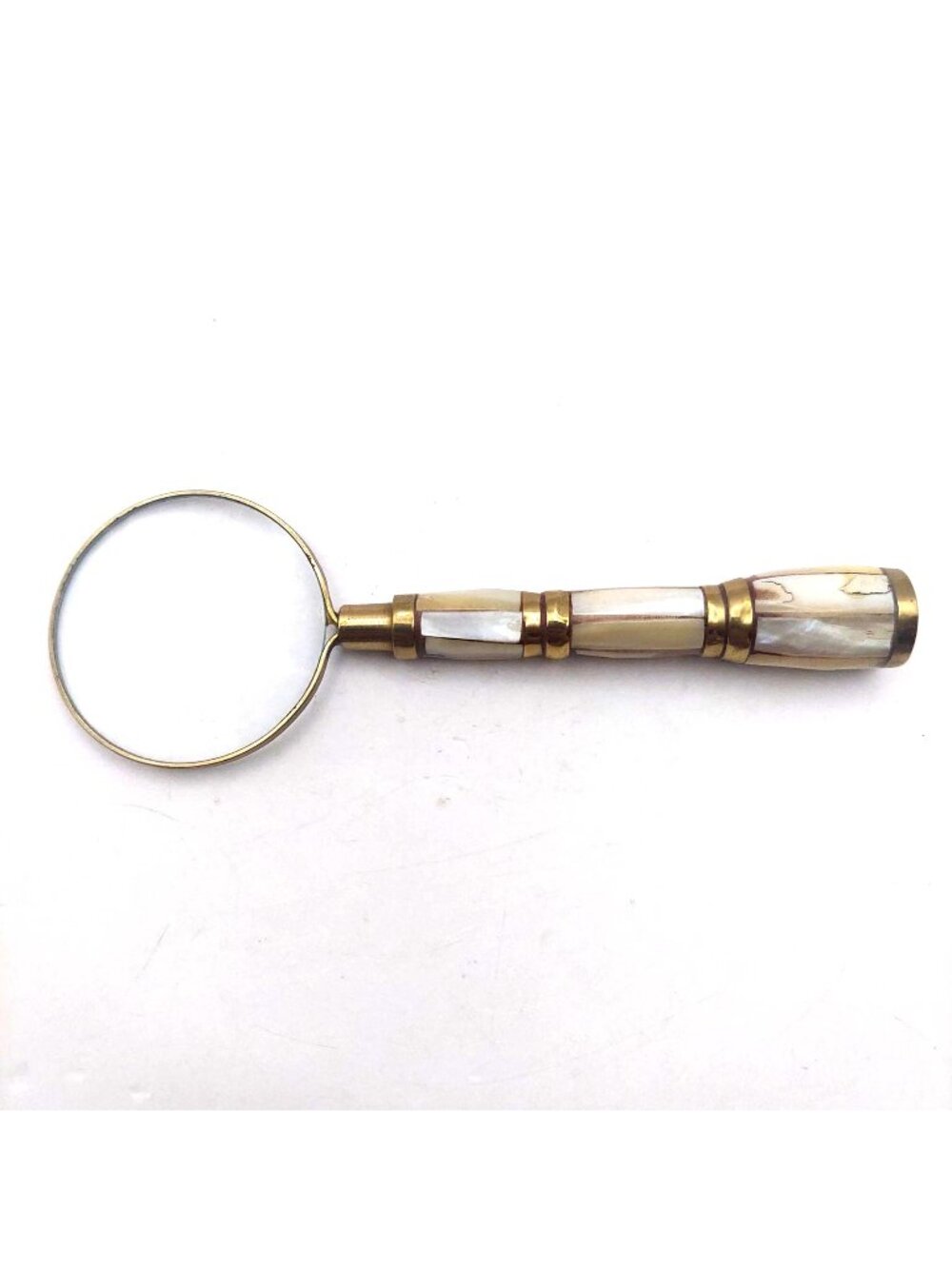 Magnifying Glass Brass & Mother Of Pearl Handle Desk Accessory Collectible Vtg